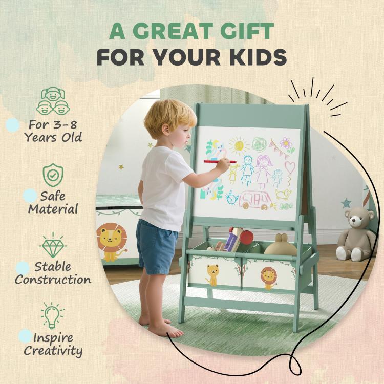 Green kids art easel with whiteboard panel and two storage baskets