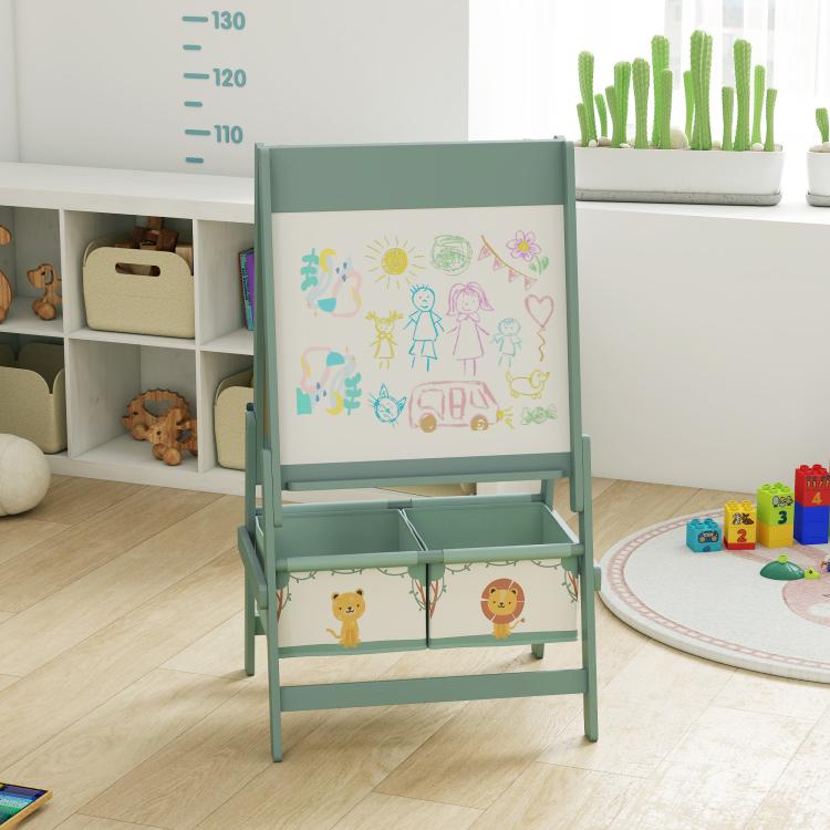 Green kids art easel with whiteboard drawing area and two front storage bins