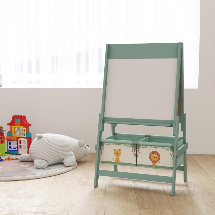 Green kids art easel with blank whiteboard panel and two lower storage bins