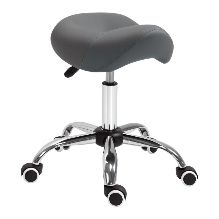 Gray saddle rolling stool with cushioned seat, chrome base, and caster wheels