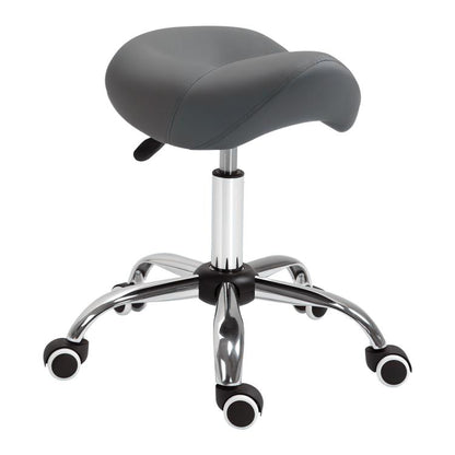 Gray saddle rolling stool with cushioned seat, chrome base, and caster wheels