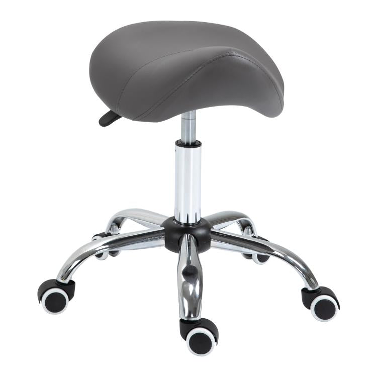 Gray ergonomic saddle stool with cushioned seat and chrome rolling base