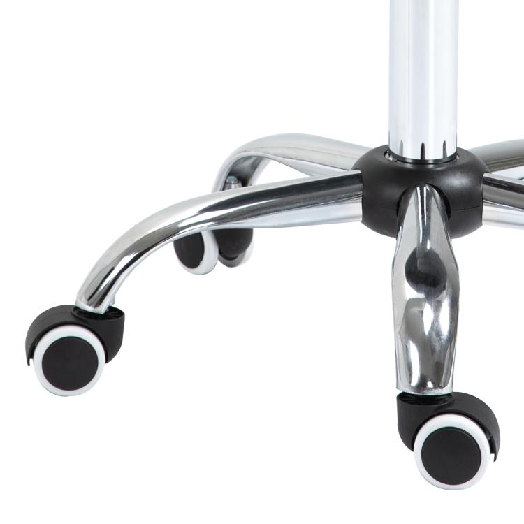Gray rolling hydraulic spa saddle stool with chrome base and caster wheels