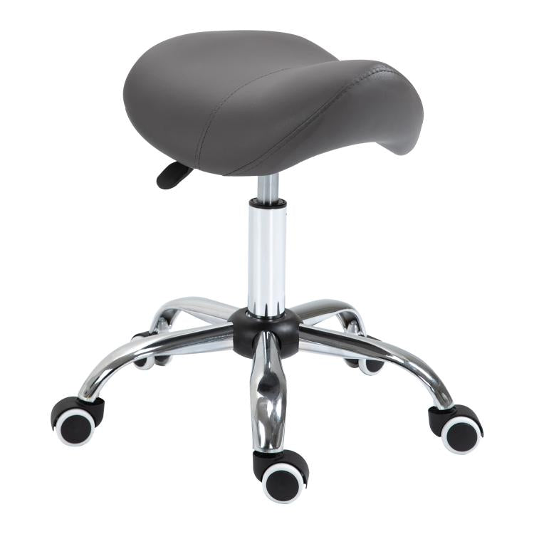 Gray saddle stool with rounded cushioned seat and chrome caster base