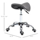 Gray saddle stool with hydraulic lift, chrome base, and black caster feet