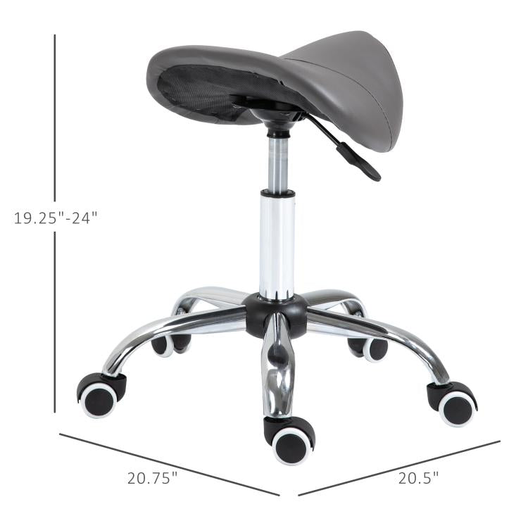 Gray saddle stool with hydraulic lift, chrome base, and black caster feet