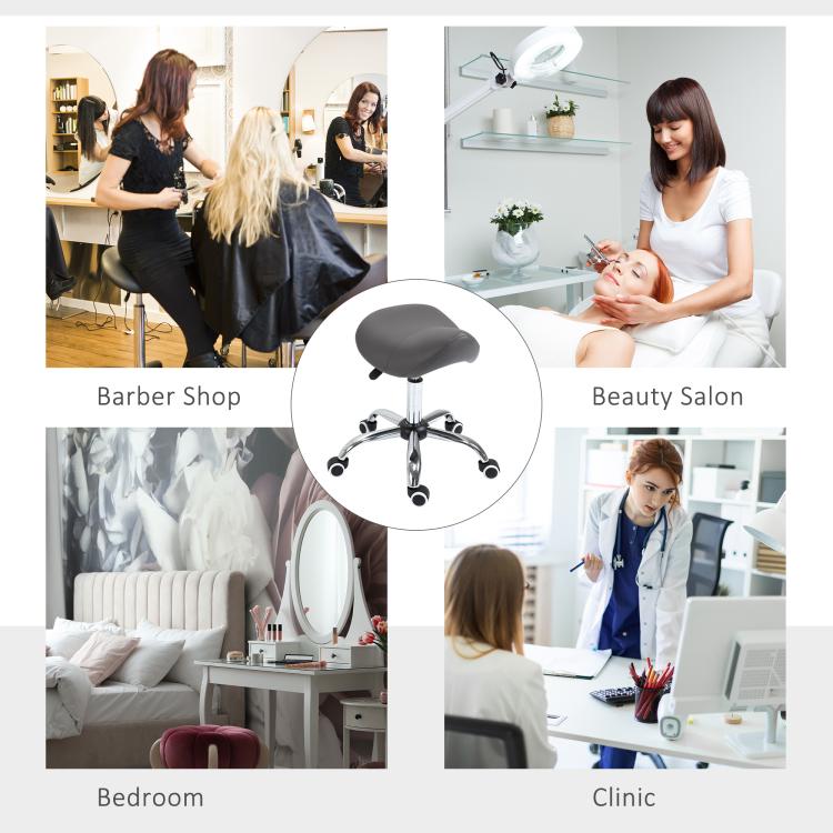 Gray saddle stool shown with salon and clinic styling context