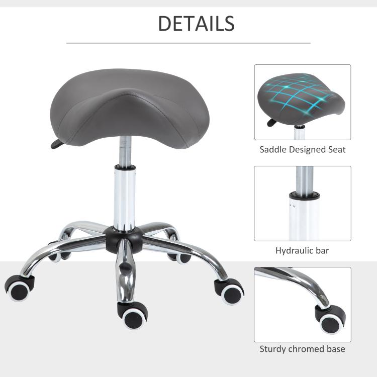 Gray saddle stool details: cushioned seat, hydraulic bar, and chrome caster base