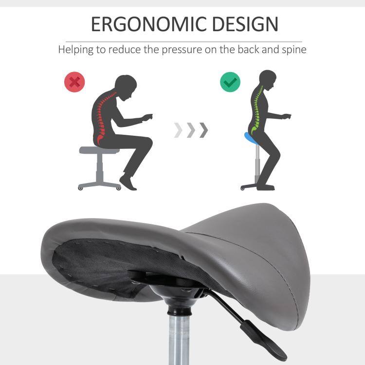 Gray ergonomic saddle stool with cushioned seat and hydraulic post