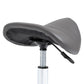 Gray saddle stool with padded seat underside and black support lever