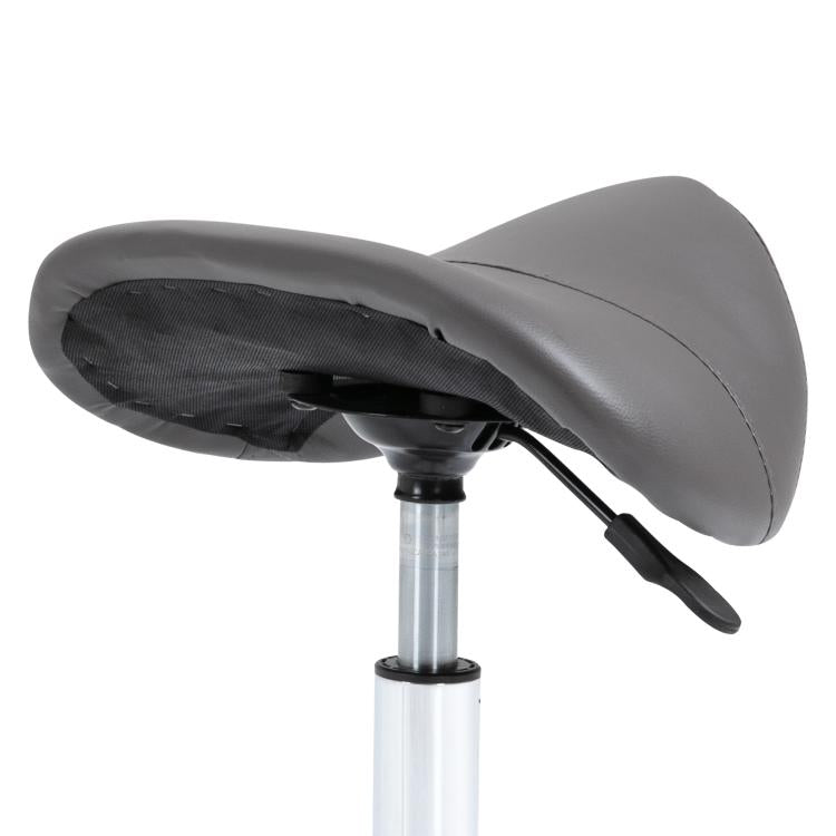 Gray saddle stool with padded seat underside and black support lever