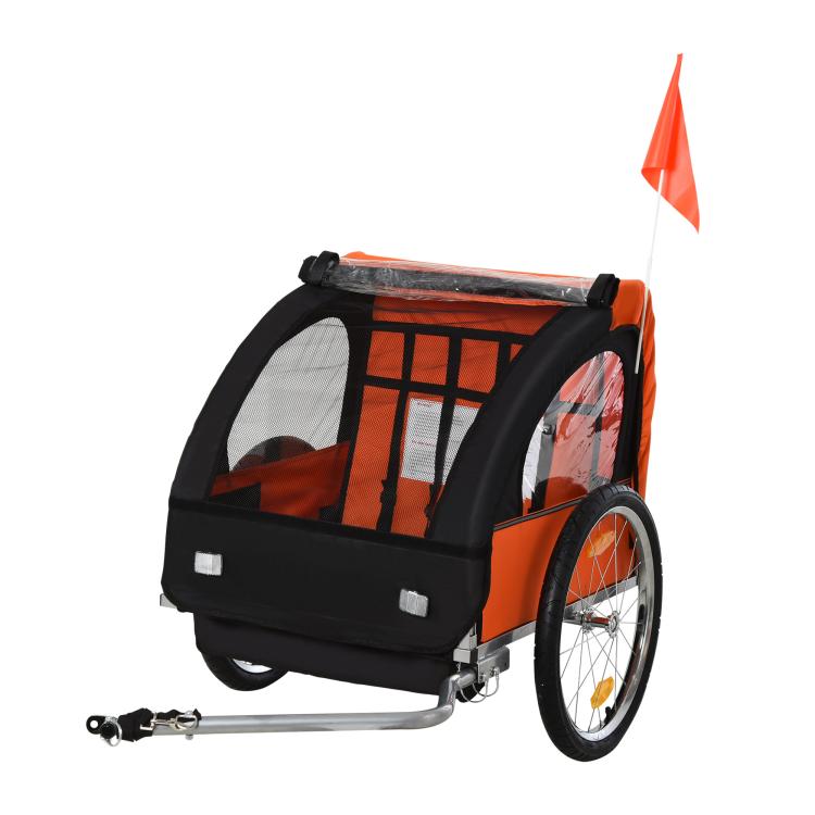 Orange and black 2-seat child bike trailer with clear mesh sides and safety flag