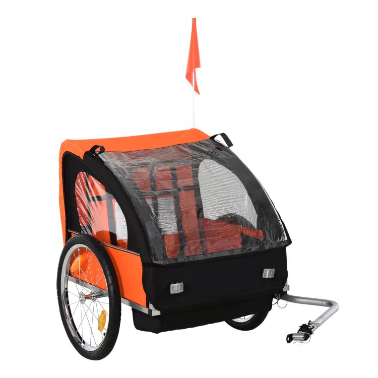 Orange and black 2-seat child bike trailer with clear mesh panels and hitch bar