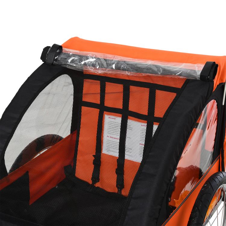 Orange and black child bike trailer with mesh window and clear front panel