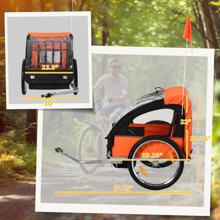 Orange and black child bike trailer with size and wheel dimension diagrams