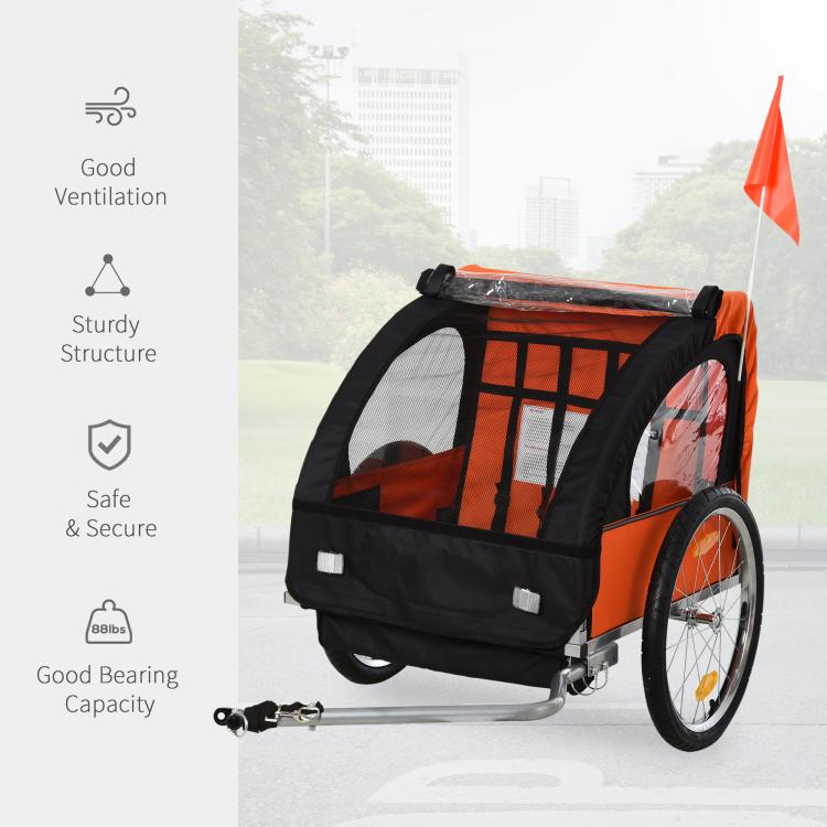 Orange and black 2-seat child bike trailer with transparent mesh and steel hitch frame