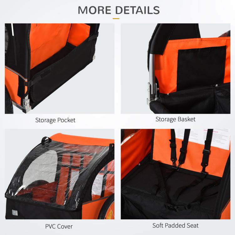 Orange and black child bike trailer details: storage pocket, basket, and padded seat