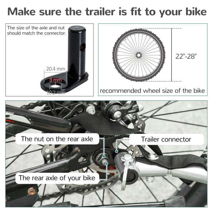 Orange child bike trailer fit guide showing connector and axle measurements
