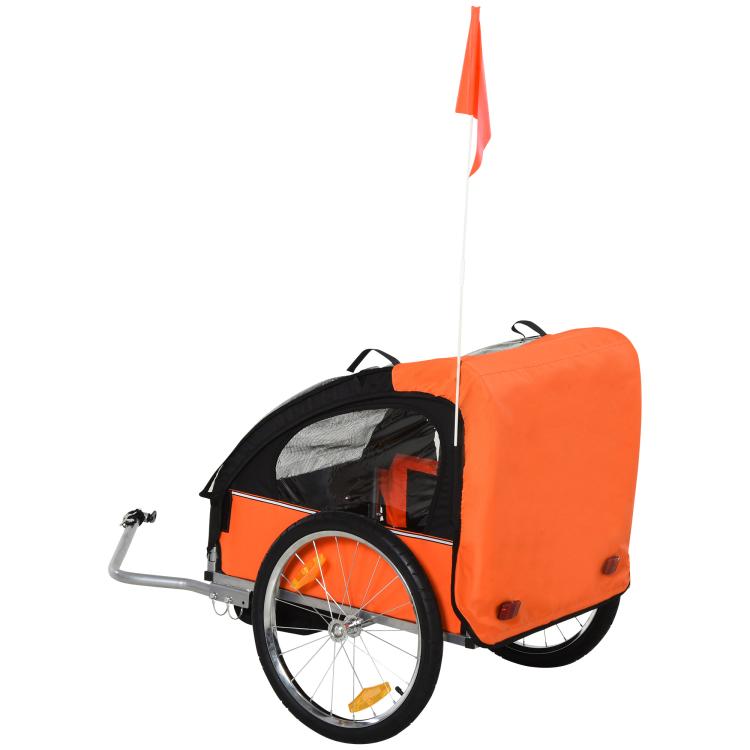 Orange and black 2-seat child bike trailer with rear wheel cover and safety flag