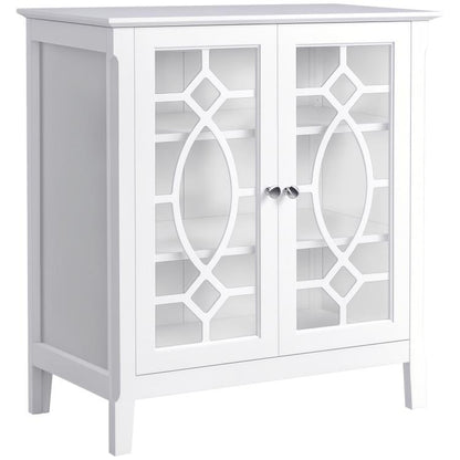 White sideboard cabinet with double framed glass doors and decorative geometric panels