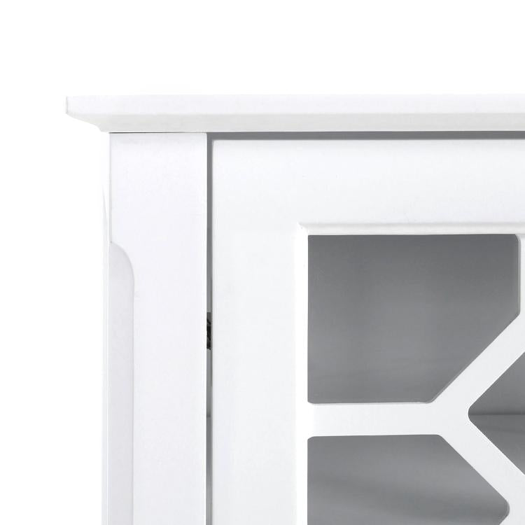 White cabinet frame with dark glass panel and beveled trim edge