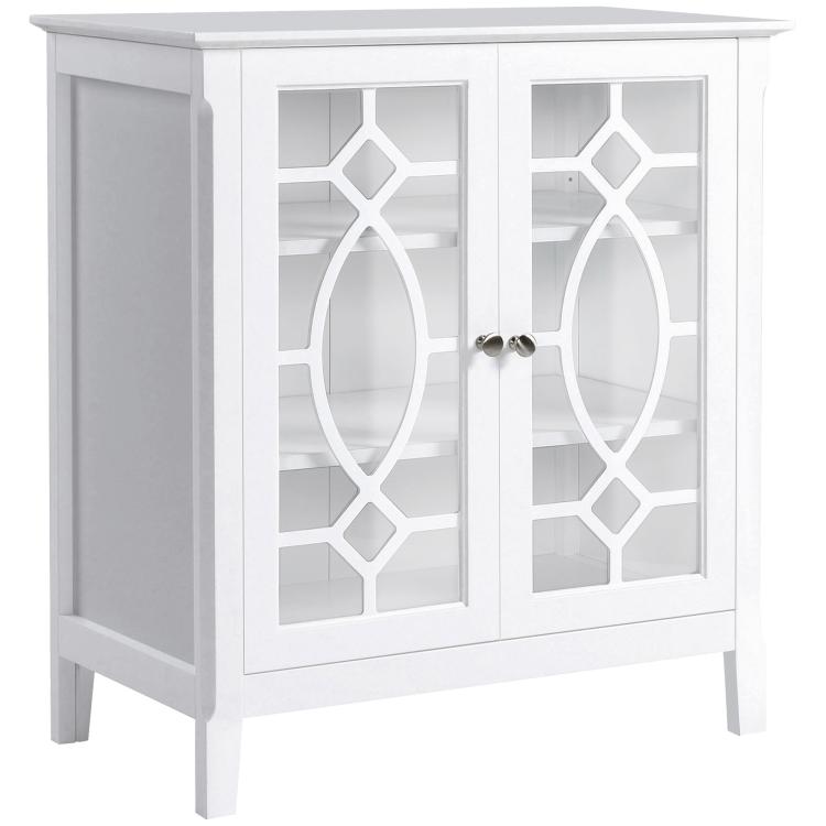 White sideboard display cabinet with double glass doors and decorative geometric panels