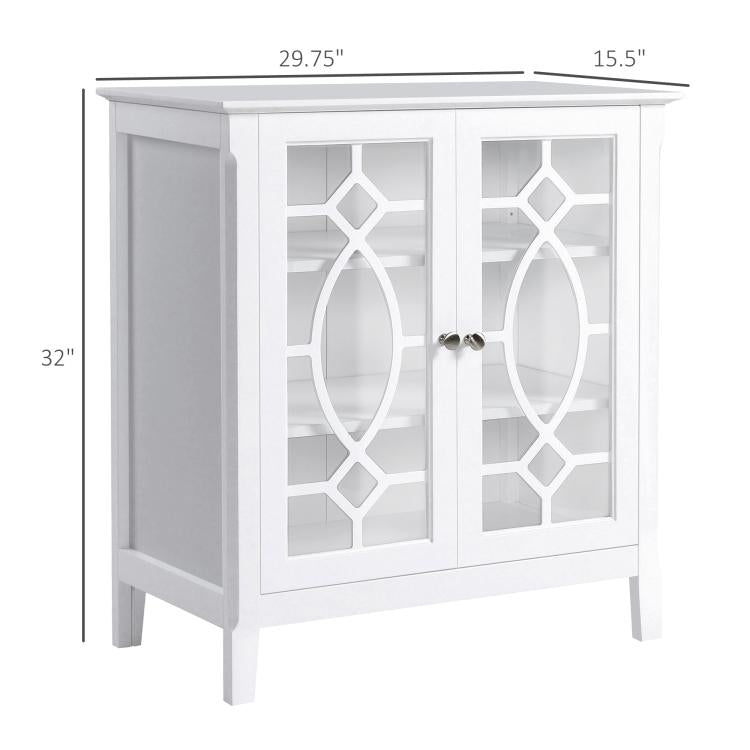 White sideboard cabinet with double glass doors and elevated legs for display storage