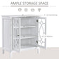 White cabinet interior with adjustable shelves behind double glass doors and upper countertop