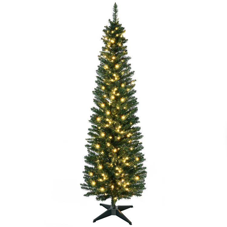 Pre-lit artificial pencil Christmas tree, green with warm white LED lights and star base