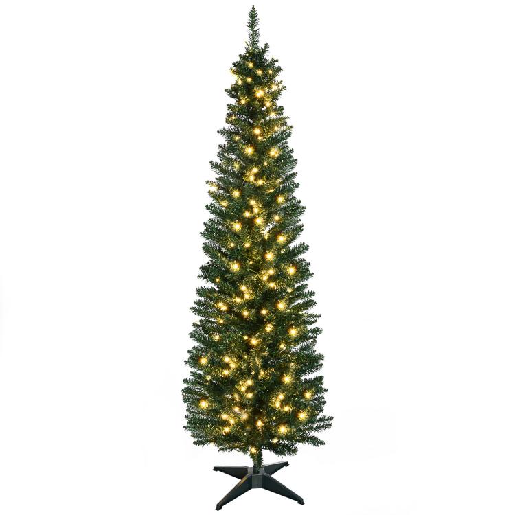 Slim artificial pencil Christmas tree with warm white LED lights and dark star-shaped base