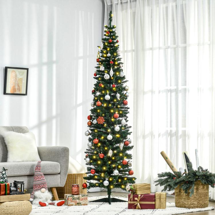 Pre-lit artificial pencil Christmas tree with warm white LEDs and red-and-gold ornaments