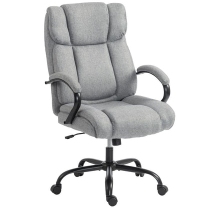 Light grey high-back office chair with padded armrests, wide seat, swivel base