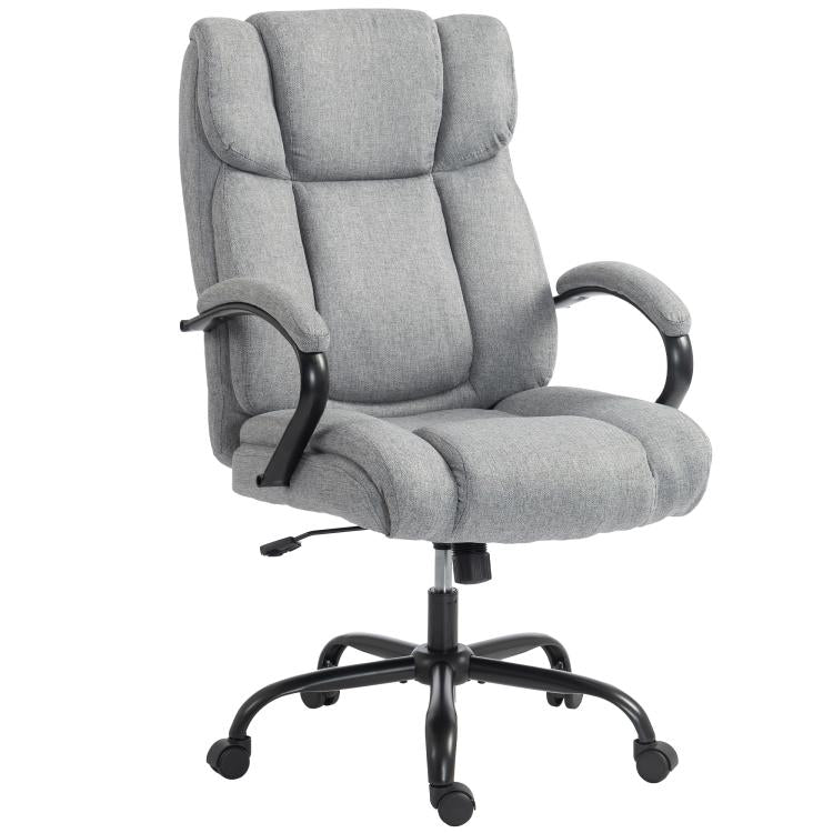 Light grey executive office chair with high back, wide cushioned seat, padded armrests