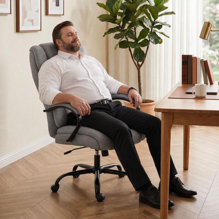 Light grey high-back executive office chair with wide seat, padded arms, rolling casters