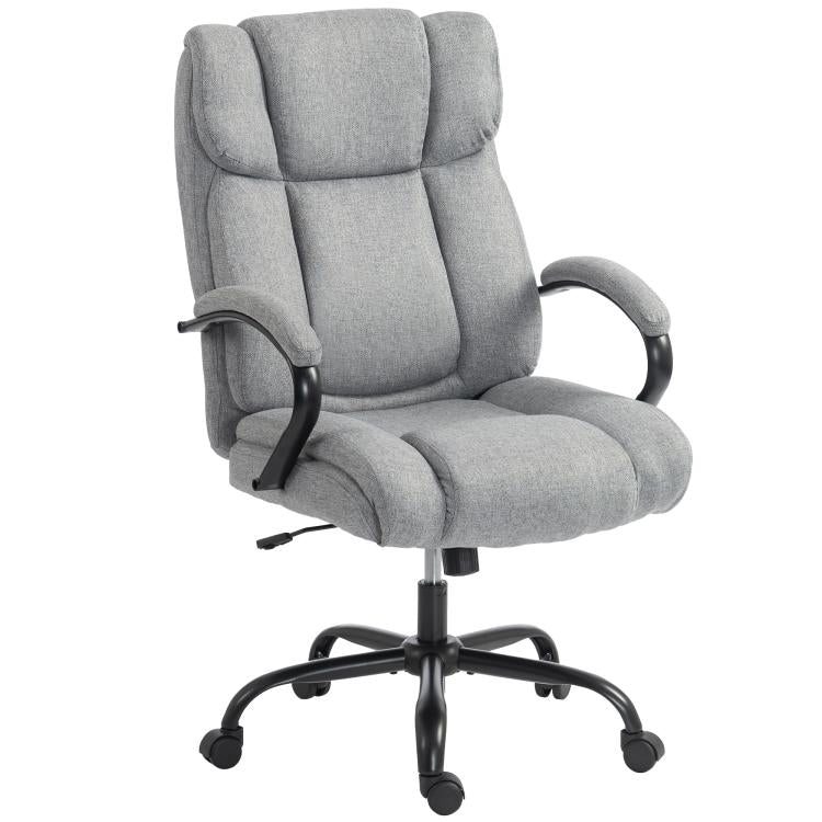 Light grey high-back office chair with cushioned headrest, padded armrests, rolling base