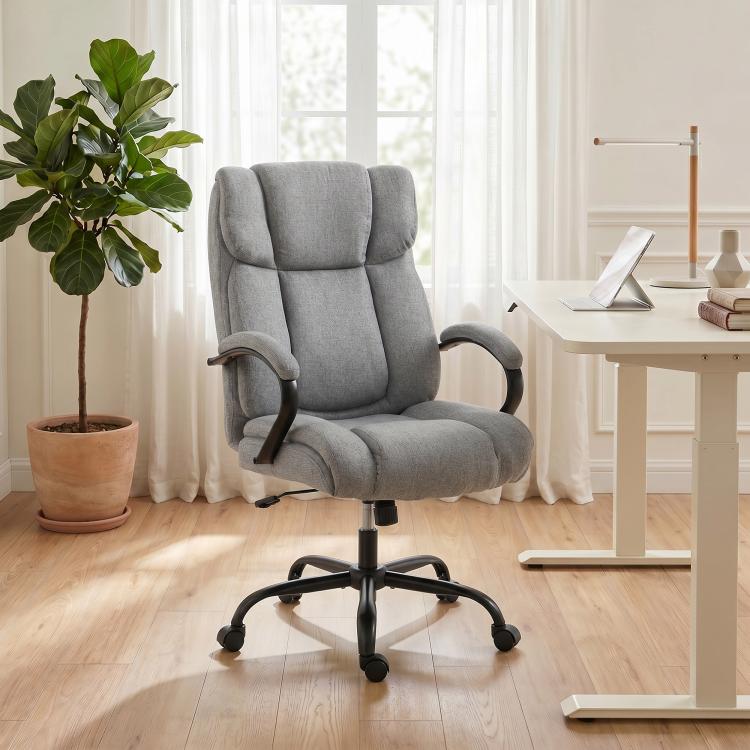 Light grey high-back office chair with curved armrests and swivel base