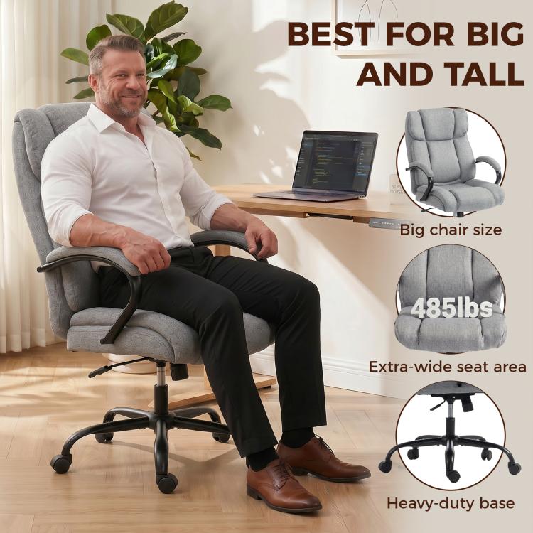 Light grey high-back chair with wide seat area, padded arms, heavy-duty swivel base