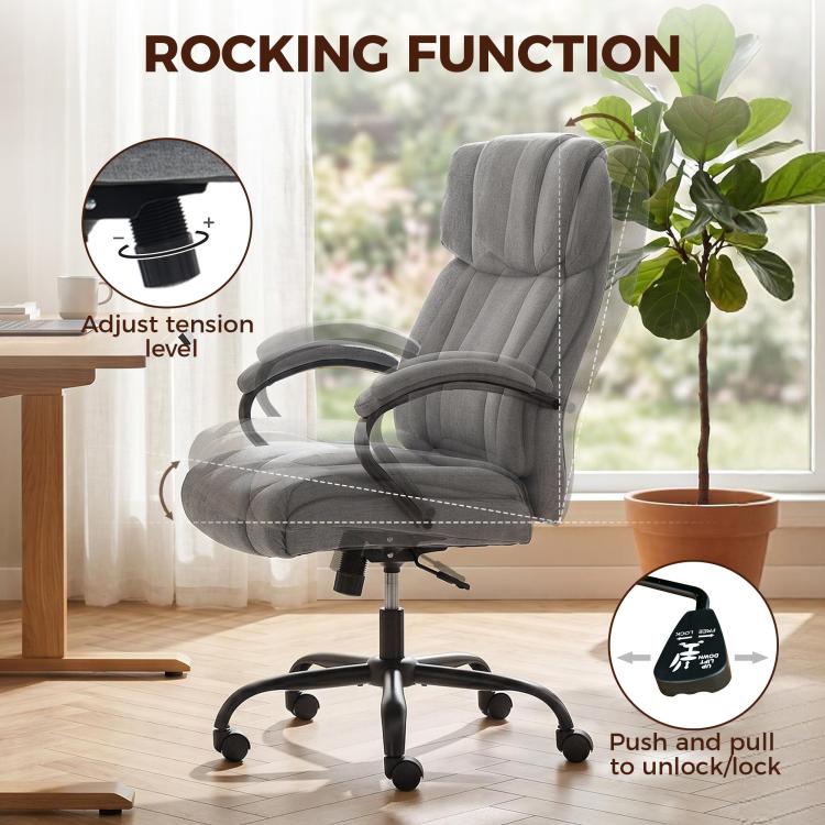 Light grey high-back chair with recline/rocking motion and swivel base
