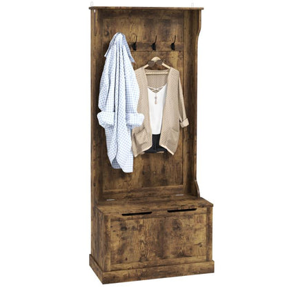 Rustic brown hall tree with coat hooks and open bench storage