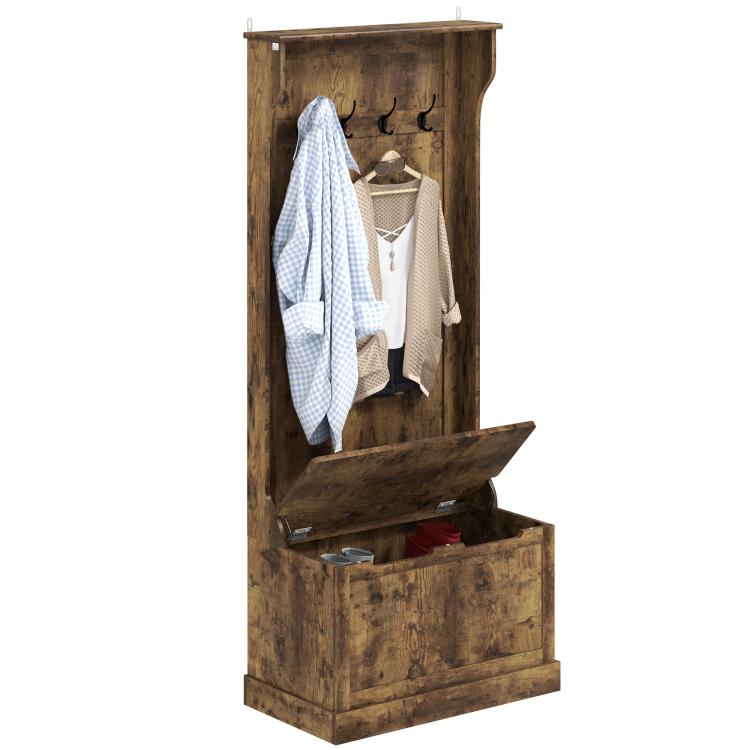 Rustic brown entryway hall tree with coat rack hooks and hinged storage bench