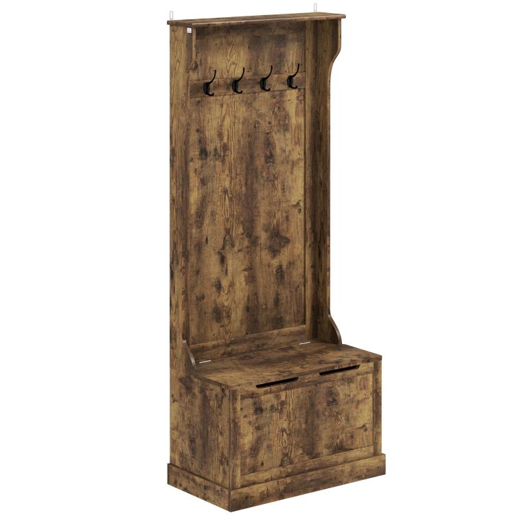 Rustic brown hall tree with 5 coat hooks and flip-top bench seat