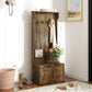 Rustic brown hall tree with coat hooks, storage bench, and sitting area