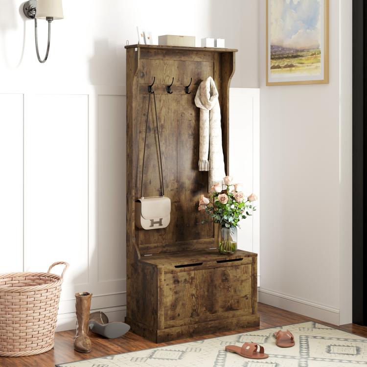 Rustic brown hall tree with coat hooks, storage bench, and sitting area