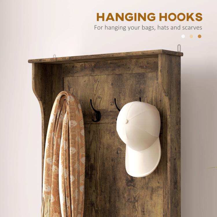 Rustic brown hall tree with hanging hooks for coats, bags, hats, and scarves