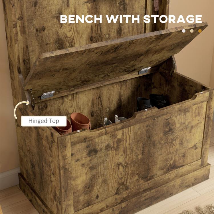 Rustic brown storage bench with hinged top and interior compartments