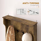Rustic brown hall tree bench with coat hooks and anti-tip safety design
