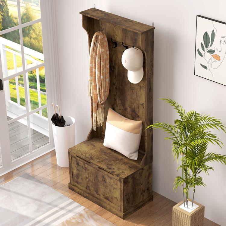 Rustic brown hall tree with coat hooks, hanging hat rack, and cushioned bench