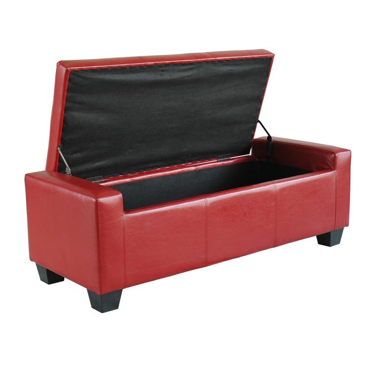 Red storage ottoman with open lid, black interior lining, and tufted cushion top