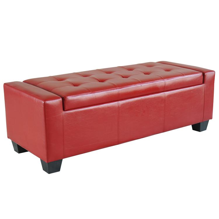 Bright red faux-leather rectangular storage ottoman with tufted top and dark legs