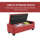 Red faux leather storage ottoman with open lid, black lining, and green cushion inside